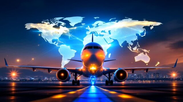 Airplane on airport runaway with glowing world map