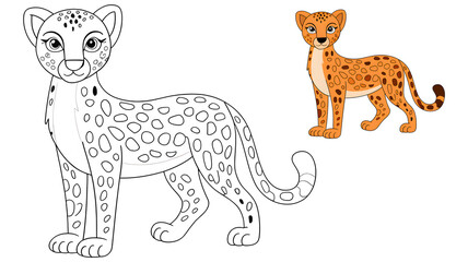 Fototapeta premium Cheetah coloring page with a colored example in cartoon style for kids' activities, wildlife learning books, and creative fun, isolated on a white background sheet.