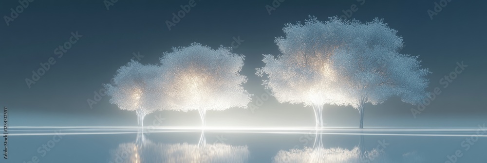 Poster Glass forest with abstract tree shapes and luminous reflections captured during twilight. Generative AI