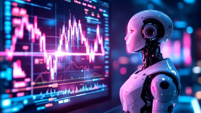 Humanoid robot on computer screen with digital analytics display