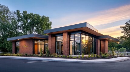 Obraz premium Modern Brick Building with Glass Windows and a Sunset Sky