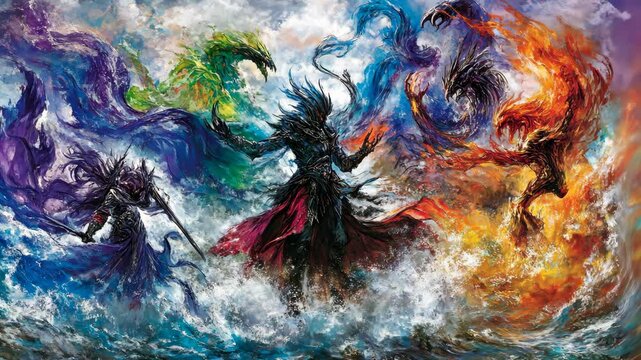 Fantasy art depicting elemental warriors clashing amidst stormy waves in a dramatic showdown