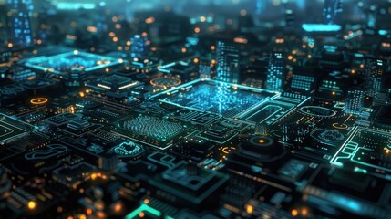 Futuristic digital motherboard circuit electronics with light effect. AI generated image