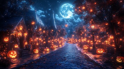 Fototapeta premium A spooky marketplace with eerie glowing lanterns and strange creatures under a sinister pumpkin moon