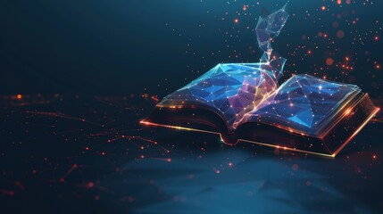 Futuristic digital technology open book with polygonal glowing lines dark background. AI generated