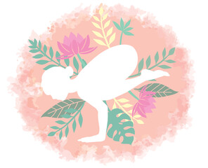 女性のヨガのポーズ。植物をイメージしたシルエット。ベクターイラスト素材。