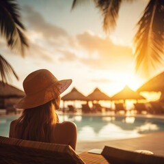 Woman relaxing by the pool in a luxurious beachfront hotel resort at sunset enjoying perfect beach holiday vacation.