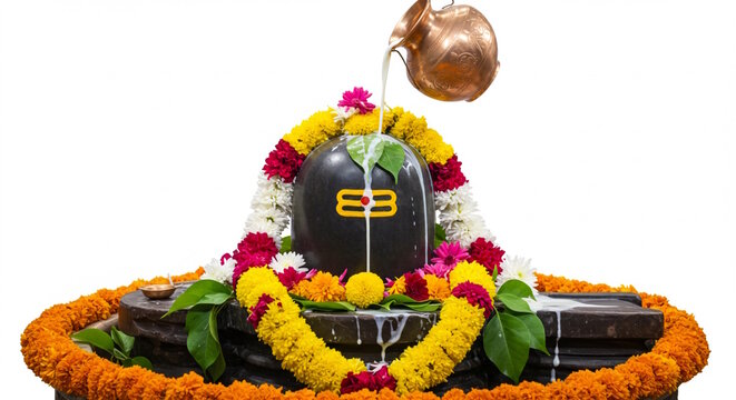 offering puja to Shivlinga or Shivlingam, Jalabhishek Rudrabhishek of Lord Shiva, with water, milk, Ganges water, Hindu religion festival maha shivratri concept 