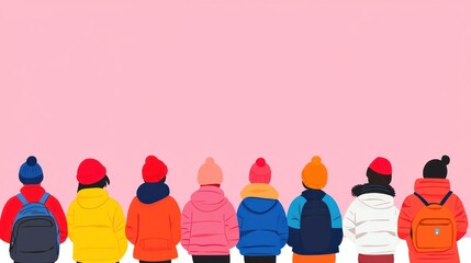 Children winter coats back view pink wall