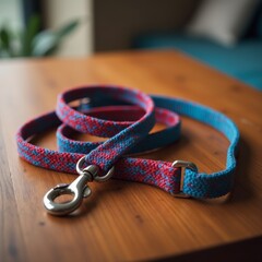 Fototapeta premium A close-up view of a dog leash resting on a wooden table, showcasing its texture and vibrant color, emphasizing readiness for a walk.