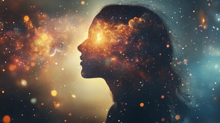 Silhouette of a woman with a bright light inside her head and smoke rising from her mind.