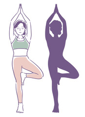 女性のヨガのポーズとそのシルエット。ベクターイラスト素材。