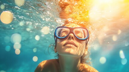 Fototapeta premium Woman underwater with goggles, looking up to the surface. Summer, freedom, underwater, relaxation
