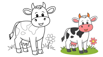 Obraz premium Cute cow coloring page with a colored example in cartoon style for kids' activities, farm animal learning books, and creative fun, isolated on a white background sheet