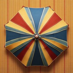 Fototapeta premium Colorful striped umbrella on a woven mat with a radial pattern and a central button detail