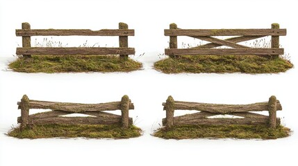 Set of Four Rustic Wooden Fences with Weathered Texture and Green Grass Base