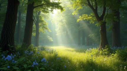 Obraz premium forest clearing with soft sunlight filtering through the trees