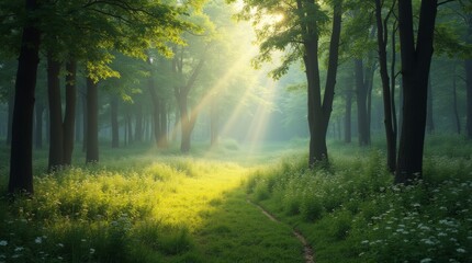 Naklejka premium forest clearing with soft sunlight filtering through the trees