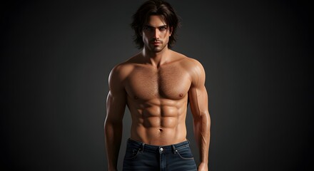 Fototapeta premium Athletic Man with Muscular Physique Posing Against Dark Background