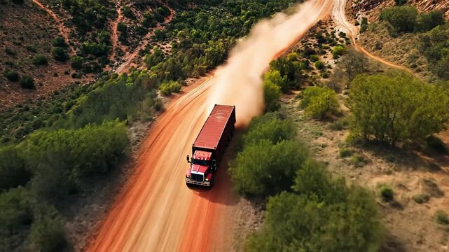 Dust Devil:  A red semi-truck hauling a large cargo container kicks up a cloud of red dust as it rumbles along a winding, desolate dirt road amidst a landscape of arid vegetation. 