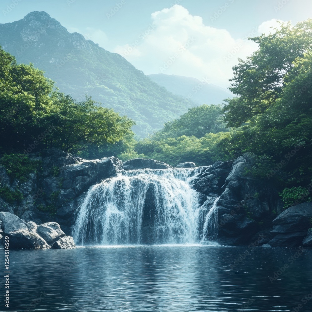Poster majestic waterfall cascading into serene lake surrounded by lush green mountains on a sunny day. gen