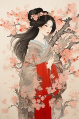 Fototapeta premium Woman holding Spring flowers art fashion kimono.