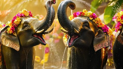 Joyful Elephant Splash: Two majestic elephants adorned with vibrant flower garlands playfully splash in a refreshing water fountain, their joyful expressions radiating pure happiness.  