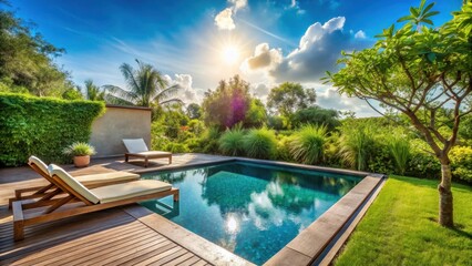 Serene retreat with small pool and sun loungers surrounded by lush greenery under a brilliant blue sky, perfect for relaxation and tranquility, idyllic, getaway