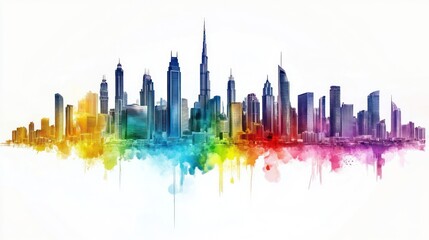 Obraz premium A city skyline with a rainbow background