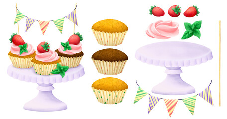 A set of cupcakes on an dish. Decorated with cream, strawberries, mint leaves and flags.