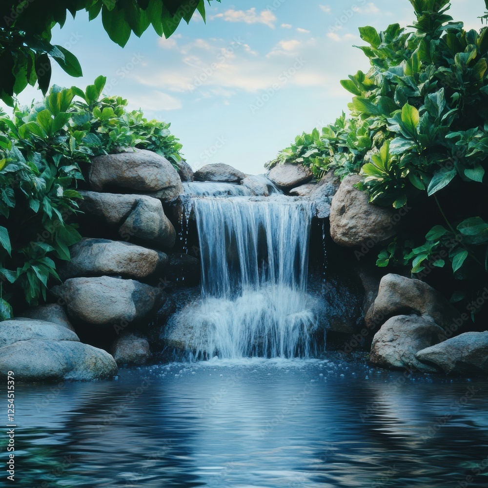Poster serene waterfall cascading over rocks surrounded by lush greenery in a tranquil natural setting. gen