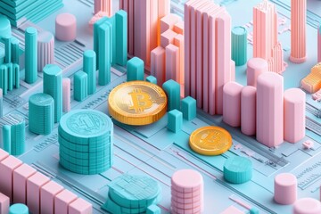 A vibrant, abstract cityscape featuring colorful geometric buildings and cryptocurrency coins, representing modern finance and digital assets.
