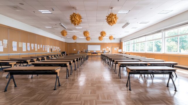 Empty classroom interior with desks and windows