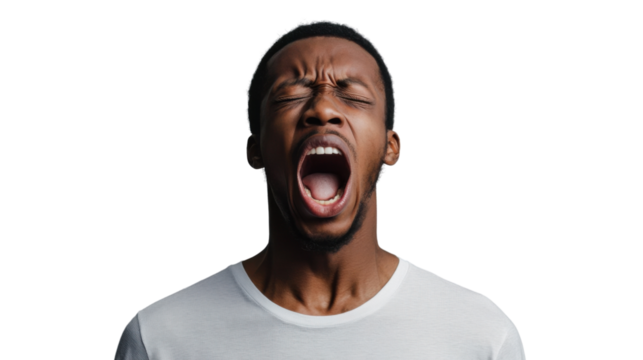 Young man shouting with transparent background, expressing fury and frustration