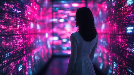Businesswoman analyzing big data stream in immersive digital environment