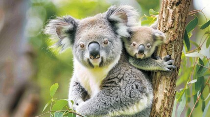 Obraz premium Portrait lovely mother koala with baby hug on her back sitting on tree branch. AI generated image