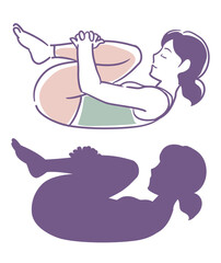 女性のヨガのポーズとそのシルエット。ベクターイラスト素材。