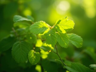 Fototapeta premium Green leaves with sunlight streaming through, casting soft shadows, creating a fresh and vibrant look, symbolizing nature and life outdoors.