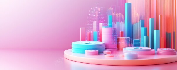 Obraz premium A vibrant 3D illustration featuring colorful graphs and charts against a soft pink background, symbolizing data analysis and financial growth.