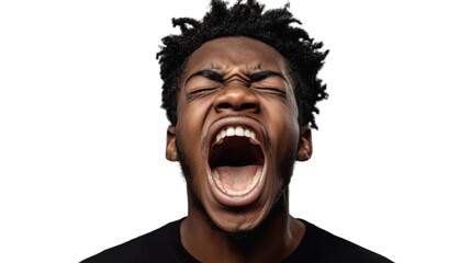 Young man shouting with transparent background, expressing fury and frustration