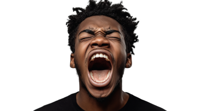 Young man shouting with transparent background, expressing fury and frustration