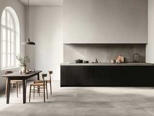 Minimalist kitchen, dining area, arched window, sunlight, interior design