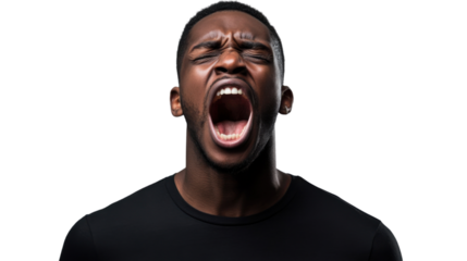 Young man shouting with transparent background: expressing extreme emotion
