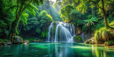 Fototapeta premium Forest landscape with lush greenery and a powerful waterfall cascading into natural water sources , forest, scenery