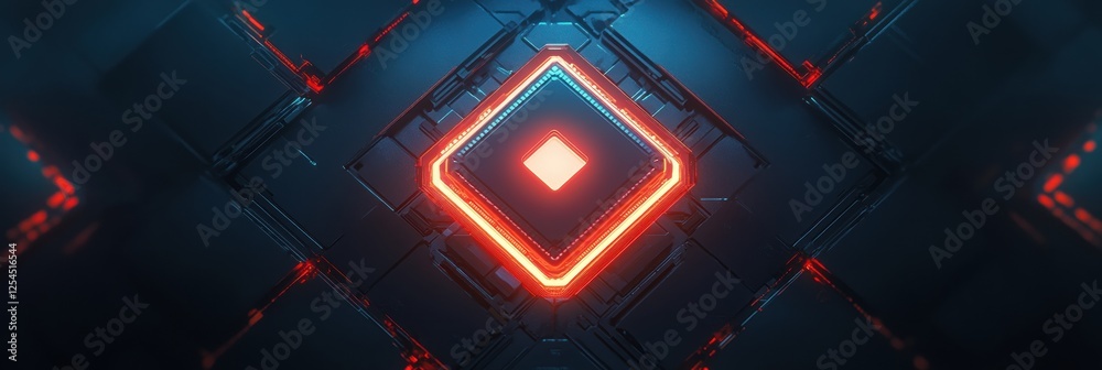 Poster Visual representation of a luminous microchip in a futuristic digital environment with striking red and blue outlines. Generative AI