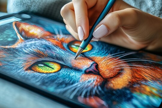 Artist drawing a colorful cat portrait on a graphics tablet
