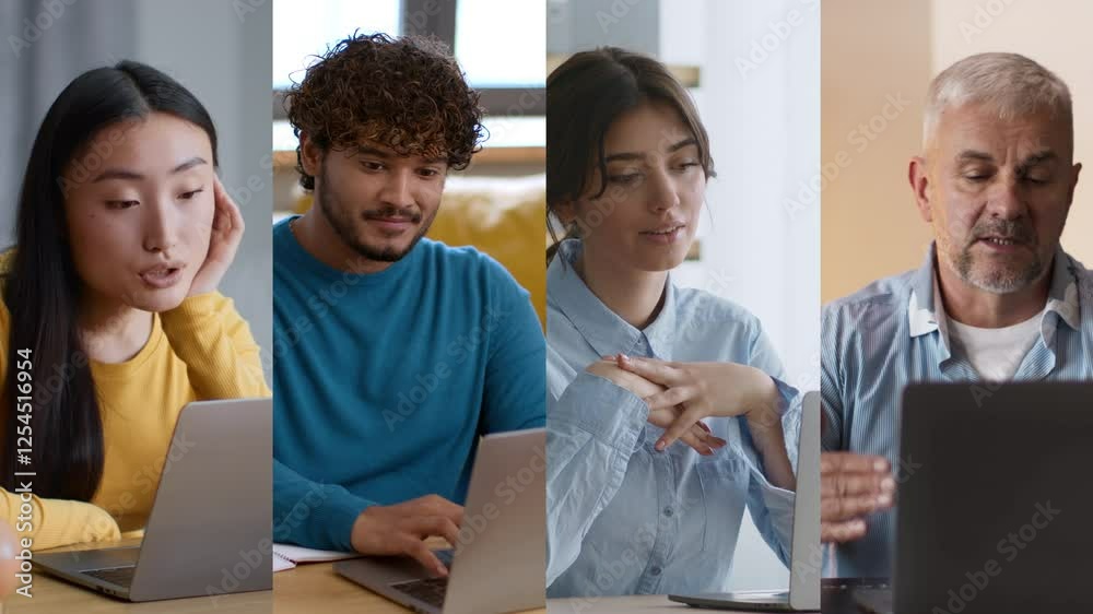 Poster a diverse group of four individuals participates in online learning sessions at home during the afte