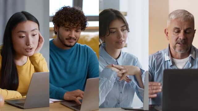 A diverse group of four individuals participates in online learning sessions at home during the afternoon, each focused on their individual laptops while seated at different tables. - Powered by Adobe