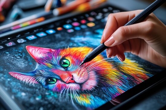 Artist drawing colorful cat portrait on digital tablet