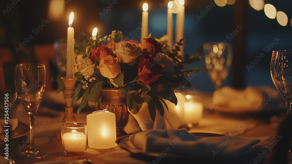 Aufkleber elegant festive dining table adorned with glowing candles and fresh flowers for a cozy evening gathe
